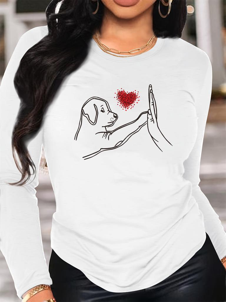 100% Pure Polyester Women's Spring and Autumn Casual and Dog High Five Love Pattern Printed Long Sleeved Round Neck T-shirt