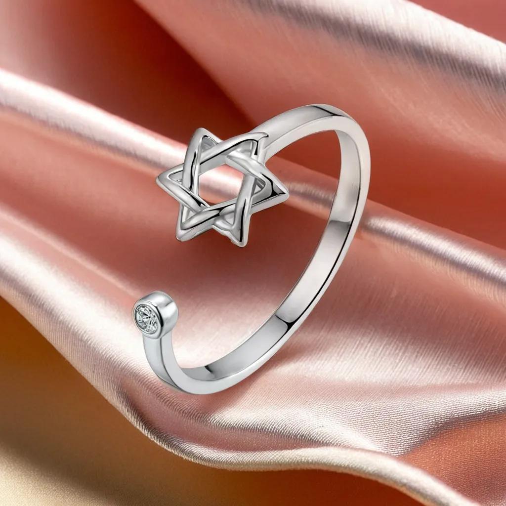 

YILUOCD Hollow Hexagon Zircon Jewish Ring for Women Magen Star of David Adjustable Rings Promise Jewelry Gift resizable