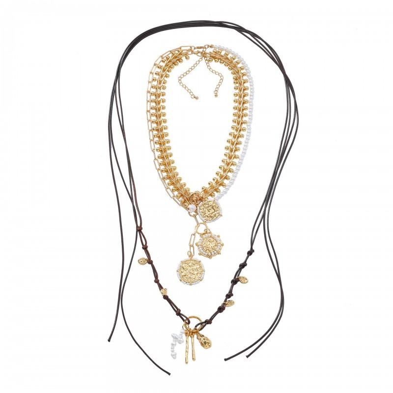 Handmade Vintage Geometric Layered Pendant Necklace Women Zinc Alloy Gold Tone PearlStyle Statement Jewelry