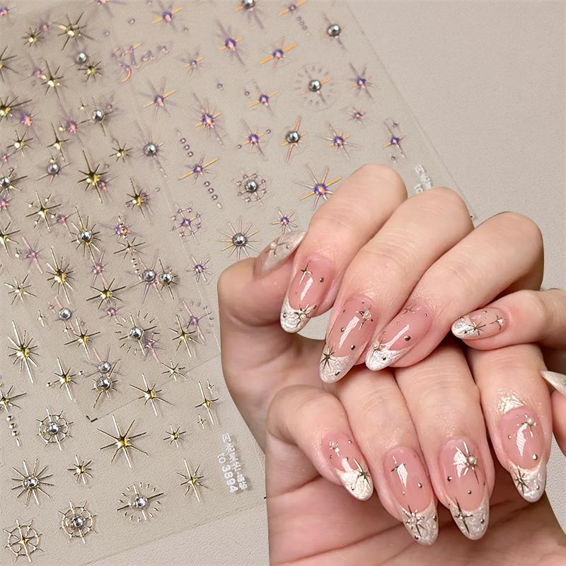 Glitter Starlight Rhinestones 5D Nail Stickers Gold Silver Bronzing Star Sun Adhesive Slider Nail Art Decorations Manicure Decal