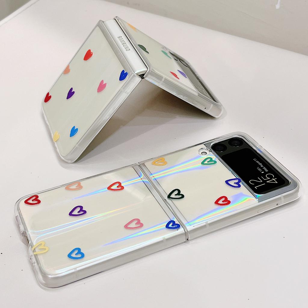 Pro pouzdro Samsung Galaxy Z Flip 3 Korejské Barevné Srdce Pro Samsung Z Flip 4 Zflip4 Luxusní Pevný PC Průhledný Kryt S Laserovou Jamkou