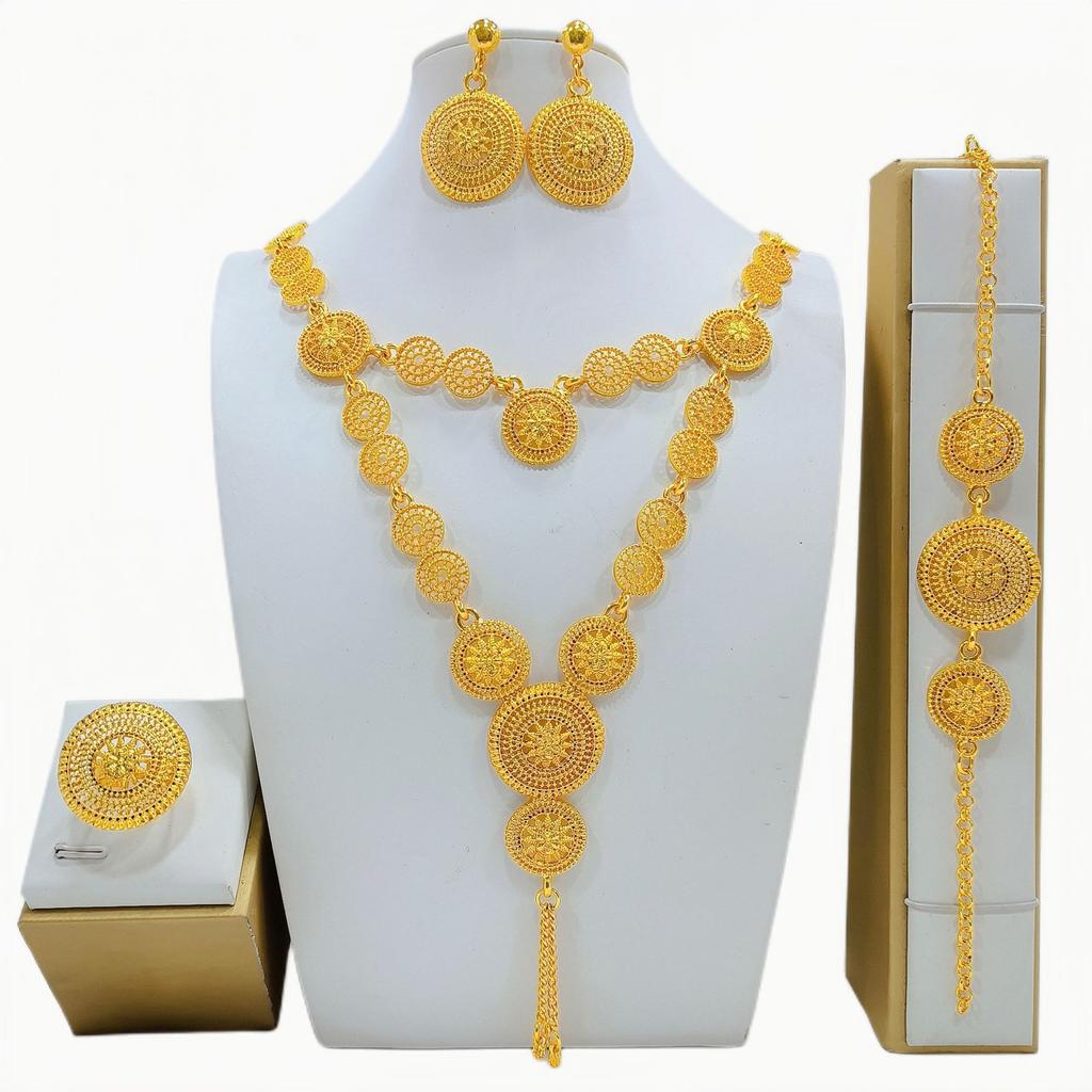 Luxus Dubai Gold Farbe Schmuck Sets African Indischen Braut Für Frauen Unregelmäßige Quaste Lange Halskette Armband Ohrringe Ring Set