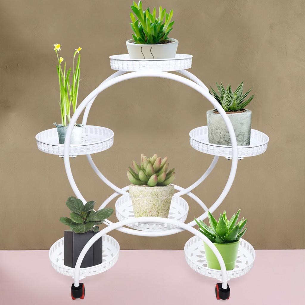 Stylish White Iron 6-Tier Plant Stand with Wheels, for Indoor Outdoor Use - Patio, Garden, Living Room, Balcony, Bedroom Decor