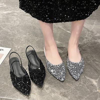 Light Luxury Summer Low Heel French Minority High-Grade Sequined Closed Toe Women's Shoes