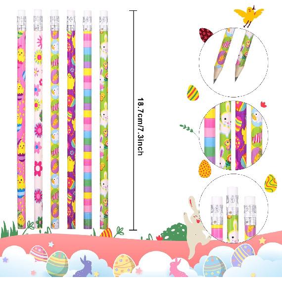 24 Pieces Easter Pencils for Kids Easter Pencil Bulk Holiday Wood Pencils with Erasers Cute Pencils for Easter Day Gifts Easter Party Favors