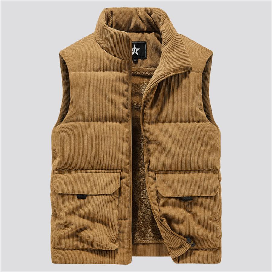 Winter Men's Corduroy Vest Plus Velvet Cotton Padded Warm Jacket Sleeveless Coat Stand Collar Waistcoat Outerwear Oversize