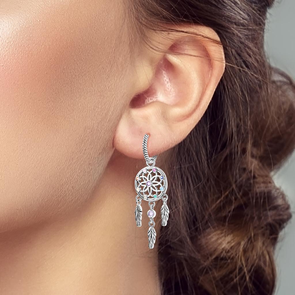 925 Silver Dreamcatcher Dangle Hoop Earrings Woman Multicolor CZ Snake Chain Huggie Hoops Feather Tassel Boho Jewelry