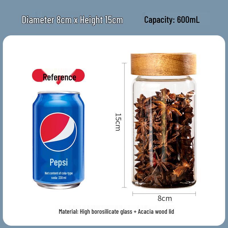 Acacia Wood Glass Kitchen Storage Jar 8x15cm & 10x600ml
