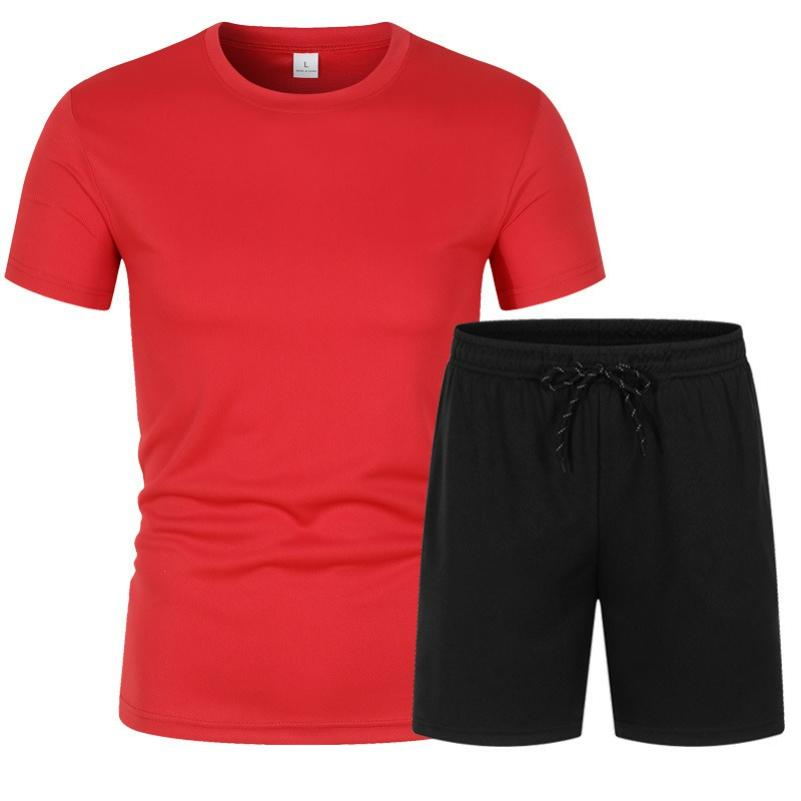 Mesh Short-sleeved Suit Summer Men's 2-piece Breathable Jersey T-shirt Sports Five-point Shorts Solid Color Casual Suit
