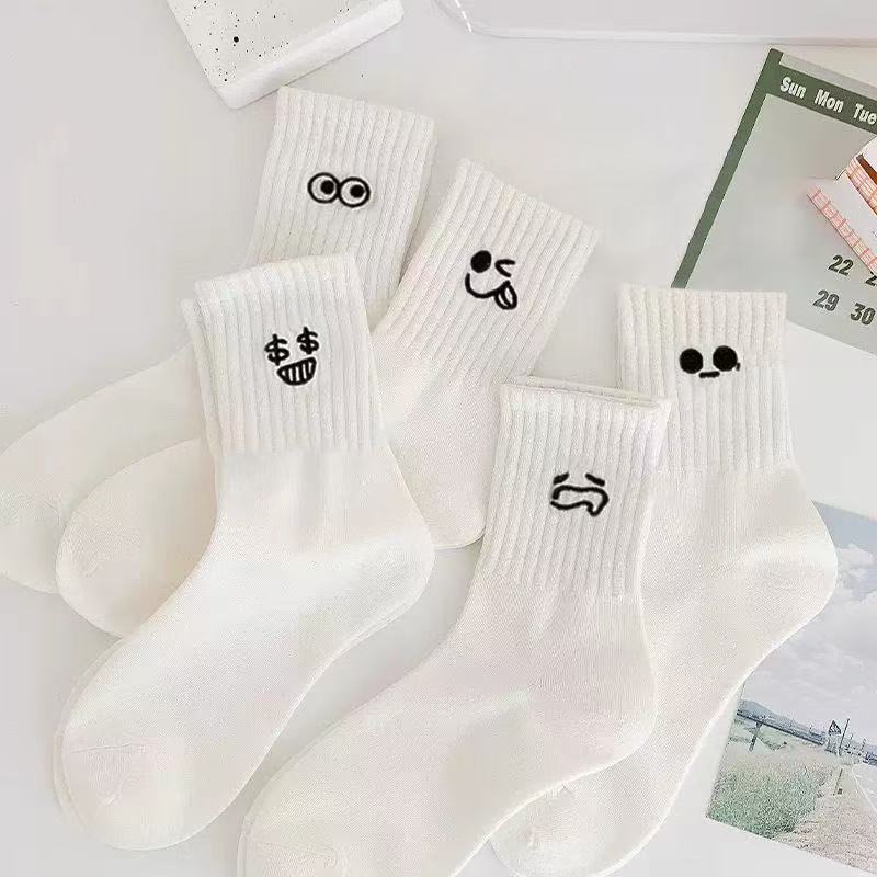 5 Pairs Women Candy Color Splicing Design Socks, Mid-tube Ribbed, Breathable, Sweat-absorbent, High Elastic
