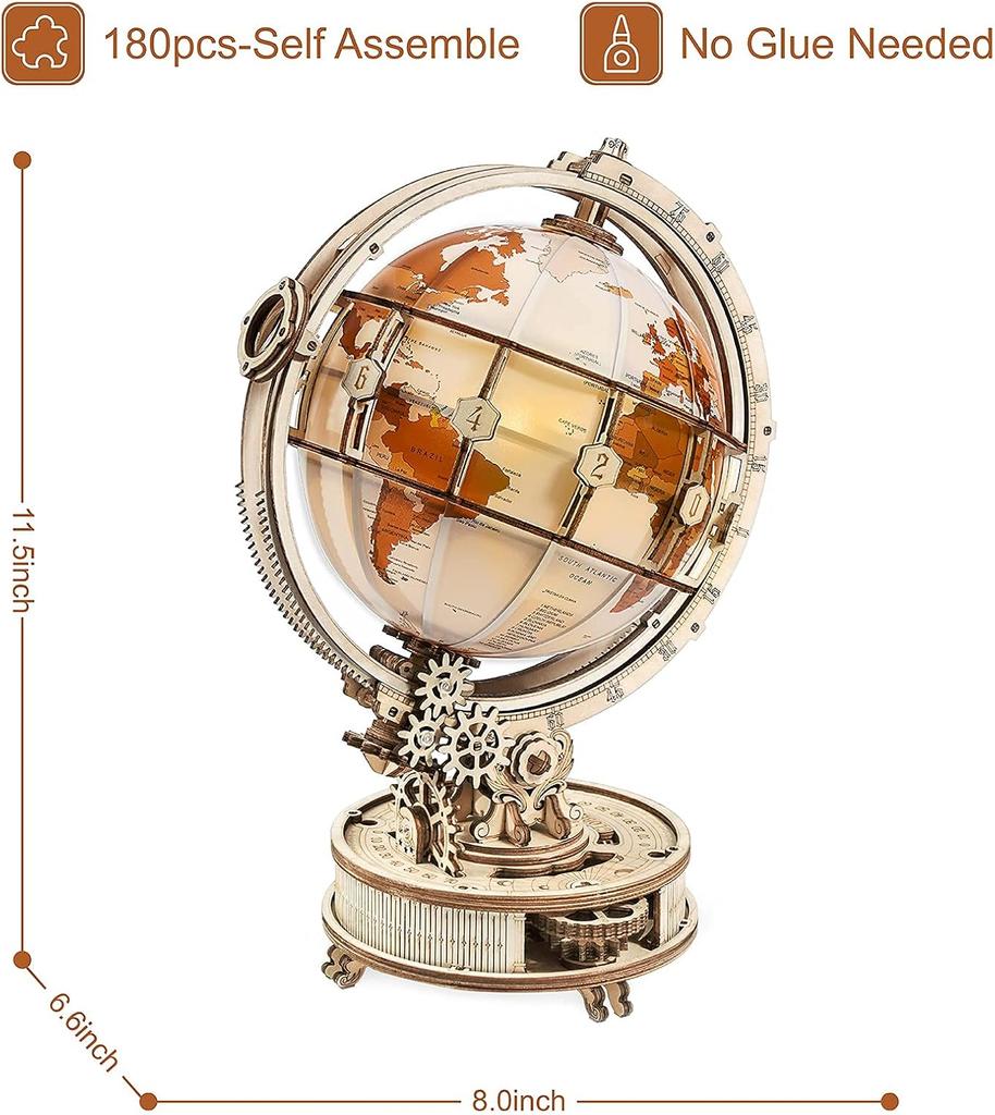 3D Wooden Puzzle Luminous World Model Kit with LED Light Rotating Wooden Construction Kit Best Festival Gifts