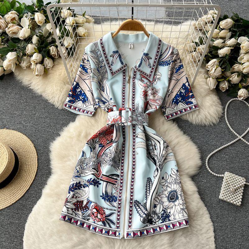 

Retro Elegant Lapel Zipper A- line Short Sleeve Dress Flower color XL