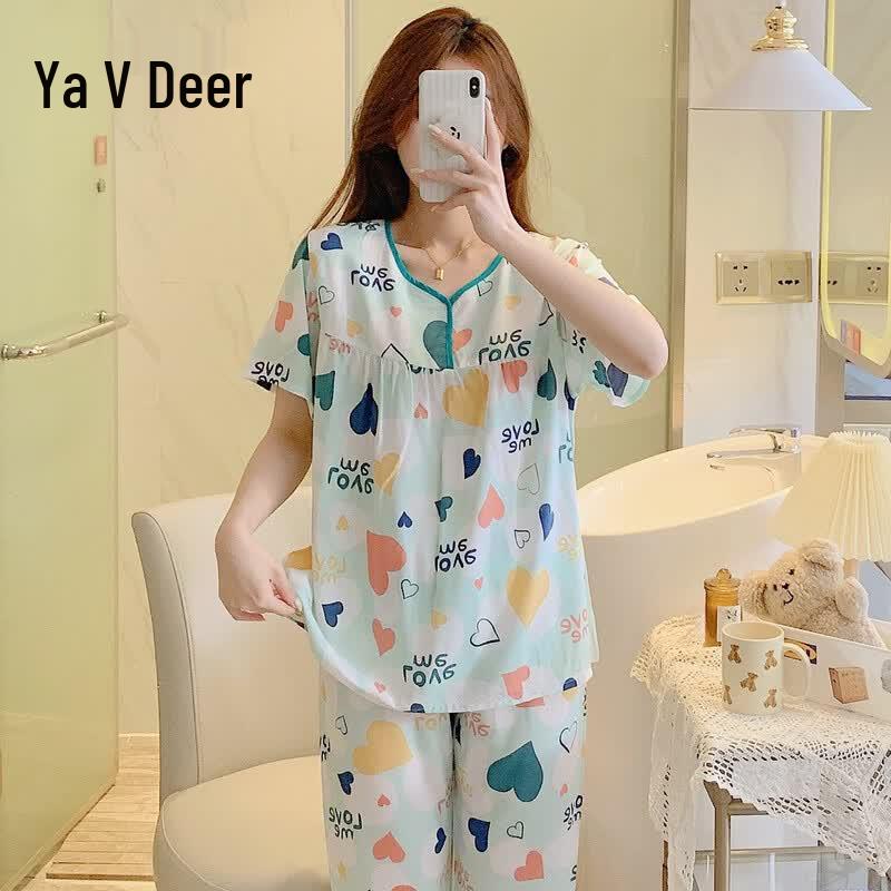 Yalu Women s Summer Cotton Rayon Short-Sleeve Pajama Set 2XL