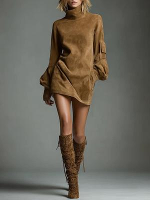 Luxury Women's Vintage Lapel Faux Suede Short Sleeve Dress Autumn Winter New Style Long Skirt