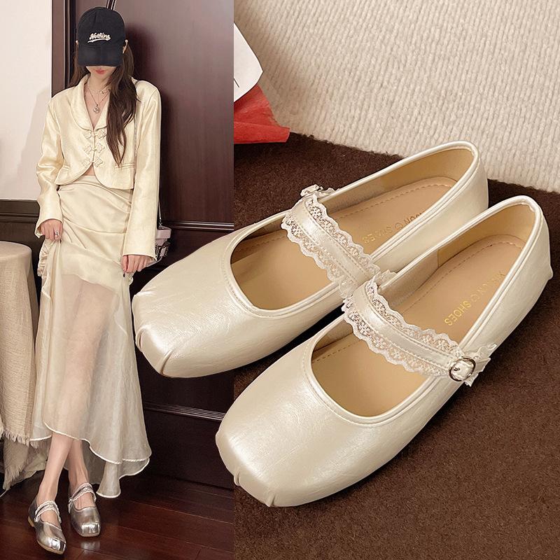 Lace Belt Shallow Mouth Versatile Ballet Mary Jane Shoes 2025 New Spring and Autumn French Square Head Flat Bottom Casual Shoes