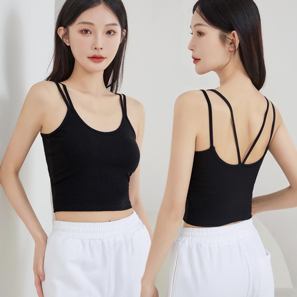 Summer Double Strap Cropped Camisole - Comfortable Solid Color Vest with Built-in Bra & Stylish Back Design
