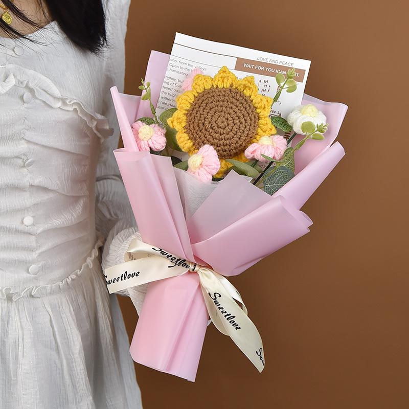 Hand-Knitted Sunflower & Rose Bouquet - with LED Lights & Gift Bag Thanksgiving Gift