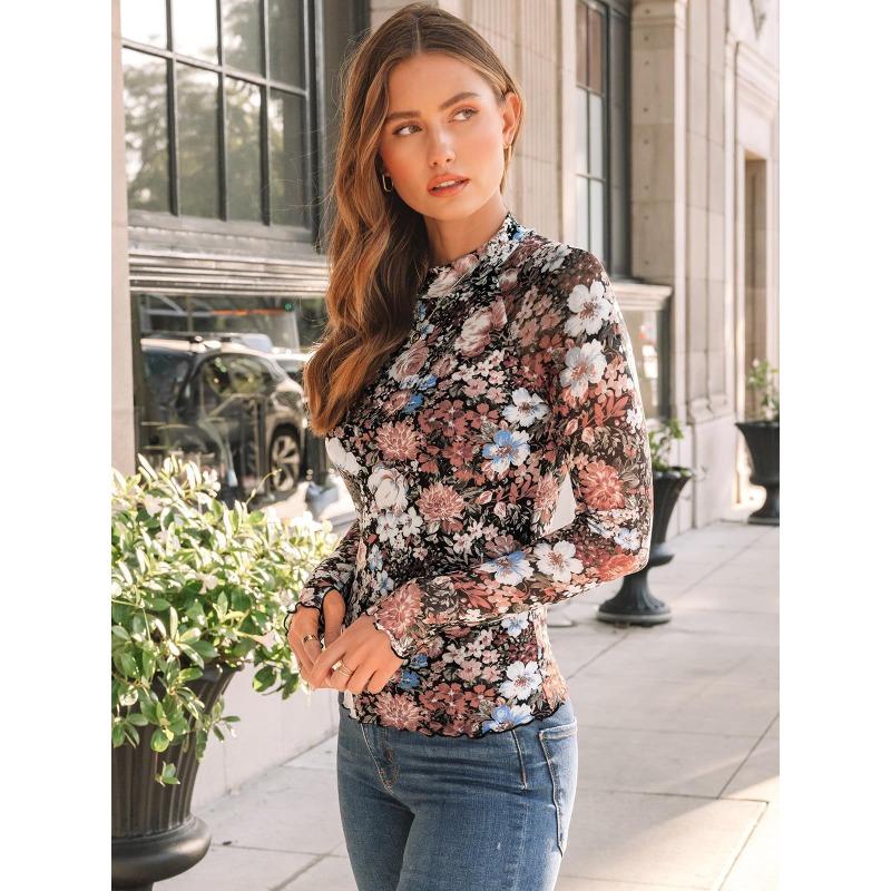 Women S Sexy Y2k Mesh Printed Long Sleeve T Shirt Half High Neck