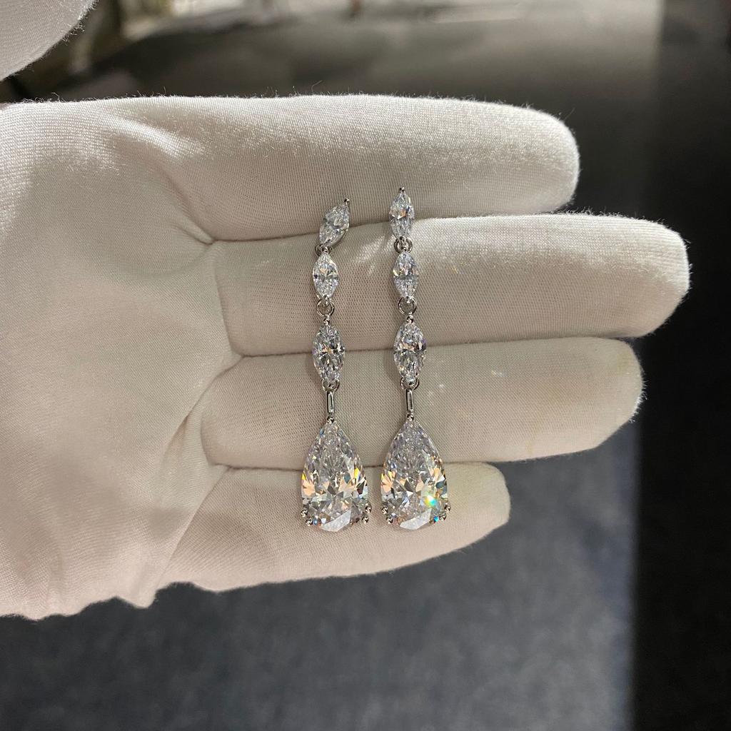 Gica Gema Tropfenohrringe mit hohem Kohlenstoffgehalt, 925er-Sterlingsilber, 47 x 10 mm, weißer Edelstein, romantischer edler Schmuck, Hochzeit, Party, Geschenke, neuer Trend