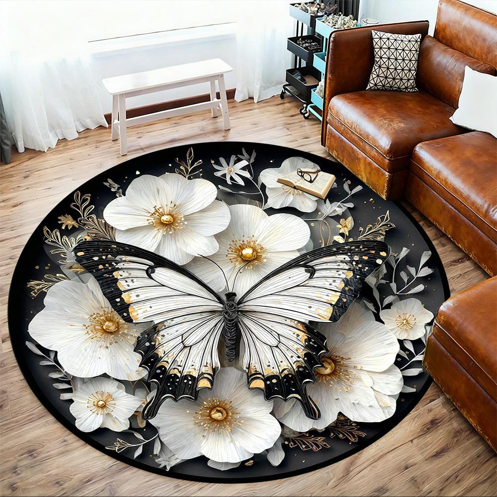 1PC Butterfly Flowers Office Round Area Rug, Under Office Chairs Bedroom Living Room Home Decor, Carpet for Office -1110140