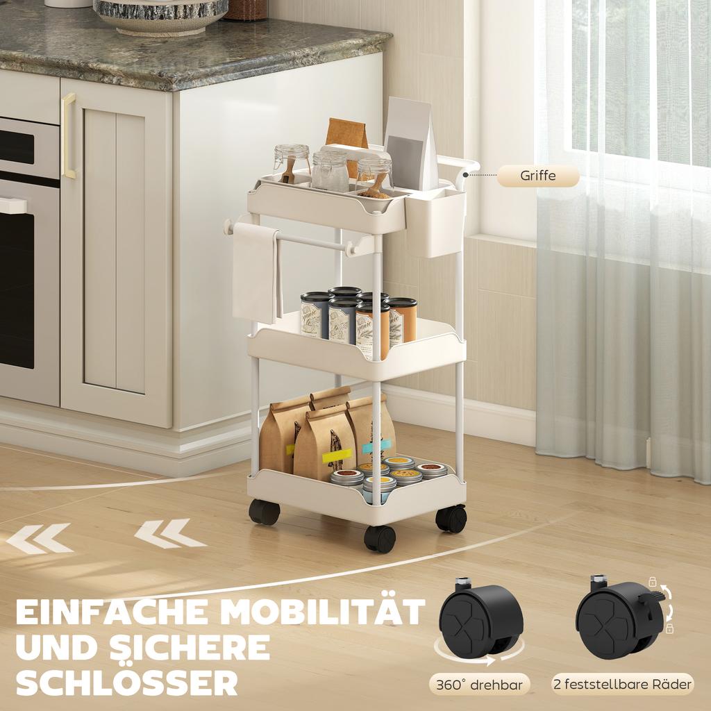 Storage Cart, 3 Baskets, Towel Rail, Wheels, Handle, Metal Frame, White