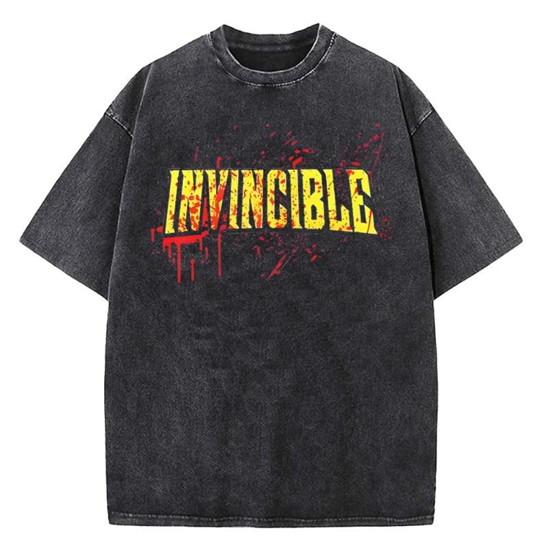 Vintage Washed Invincible Cartoon Shirt Harajuku Style for Men Women Pure High Quality Cotton T-Shirts Tee Clothing