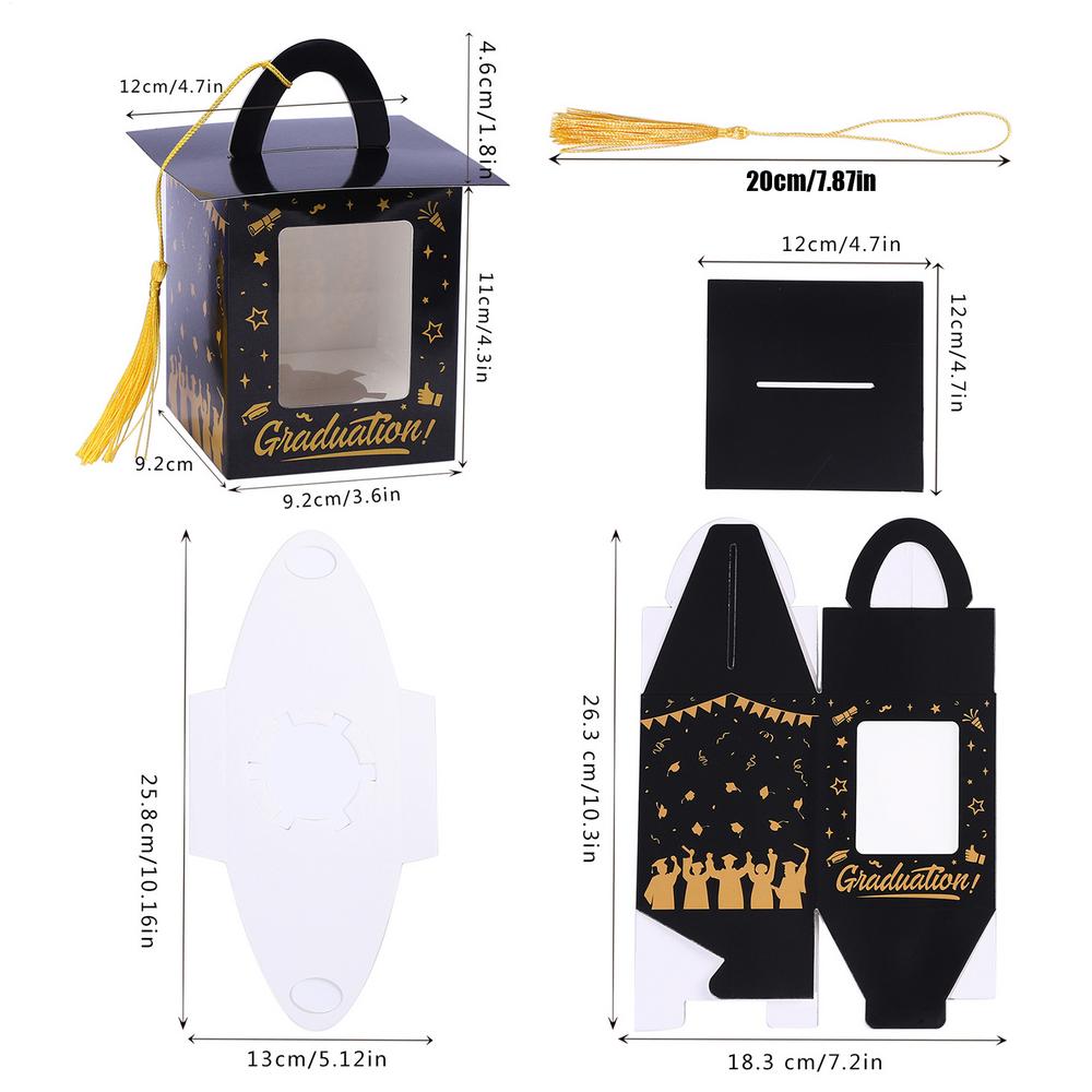 

12 шт. Коробки для кексов в виде выпускной шапки, Поздравительные коробки для конфет, Контейнеры для угощений Happy Grad с прозрачным окошком и кисточками Other чёрный