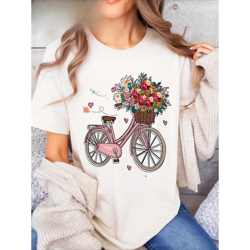 

European sizes Women s Bicycle & Floral Print T-Shirt - Semi-Sheer Short Sleeve Crew Neck Blouse, 4XL білий