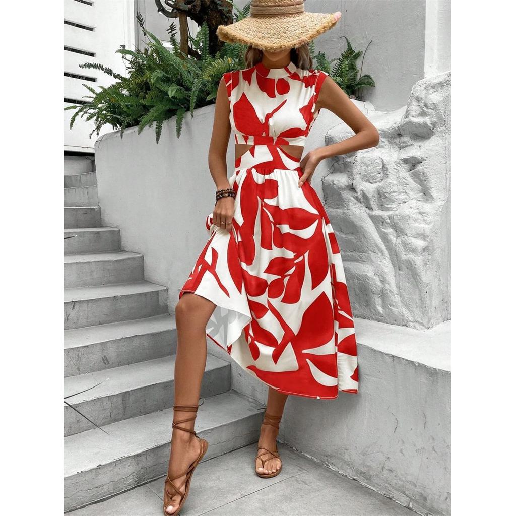 Abito lungo elegante da donna senza maniche, girocollo, vita aperta, stampa floreale