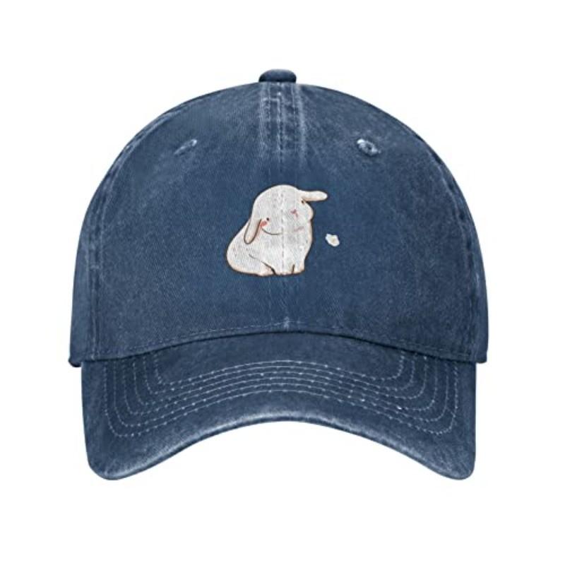 Cute White Bunny Baseball Cap Washed Cotton Distressed Adult Casual Sun Protection Adjustable Hat