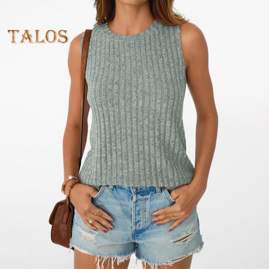 Women Tops Round Neck Sleeveless Slim Fit Knitted Tops Solid Color Elastic Ribbed Tank Tops Daily Wear