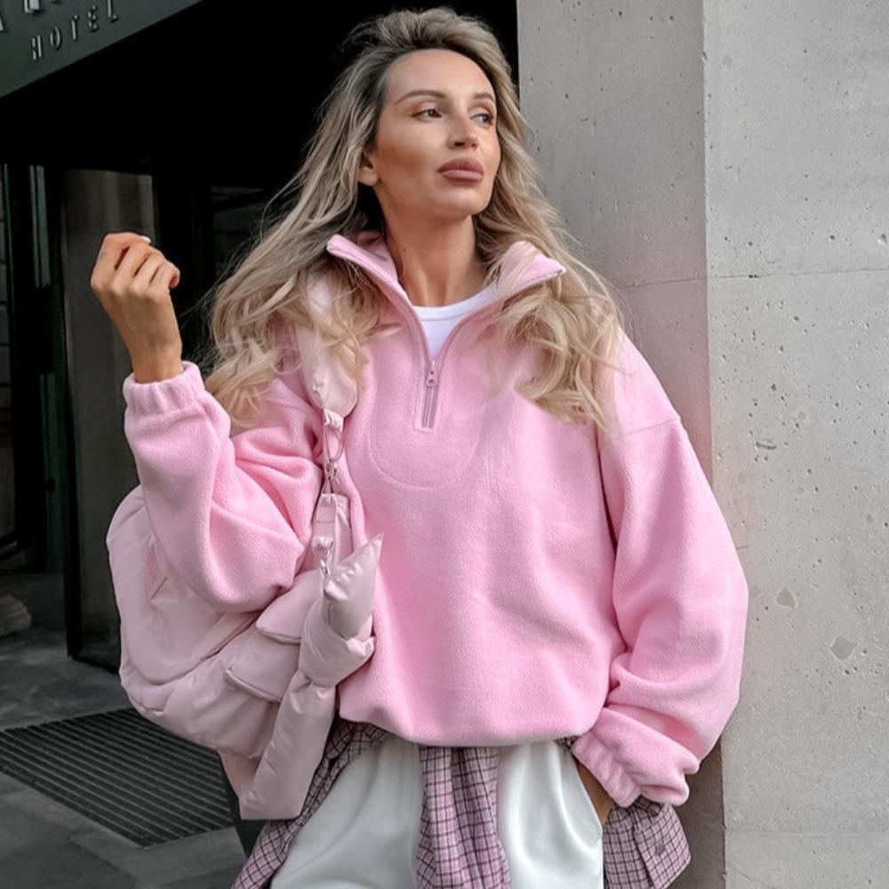 Autumn and winter European and American hot street pink lapel fleece sweater American European and American tops, women s clothing S розовый
