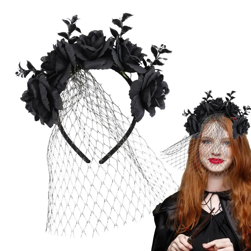 Non-slip Rose Hair Hoop Lace Veil Halloween Flower Crown  Party Favors