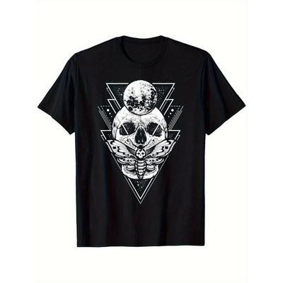Men's Mysterious Moon and Skull T-Shirt Black Cotton T-Shirt Geometric Casual Short Sleeve Crew Neck Machine Washable