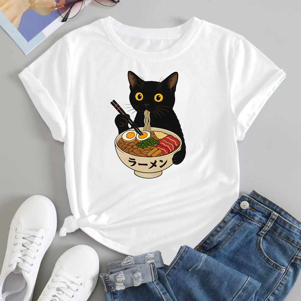 Black Cat Graphic TShirt Kitten Eating RaUnisex Noodles Anime Unisex Gift TTop