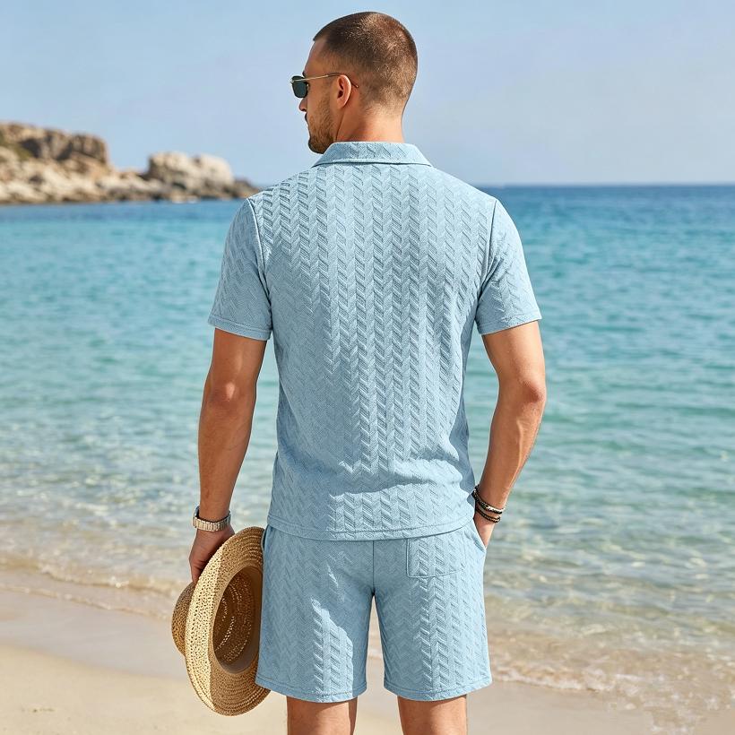 Summer New Men's Polo Shirt Set Casual Sporty Cool Fashionable Slim Fit Solid Color Short Sleeved Jacquard Shorts Set Men's