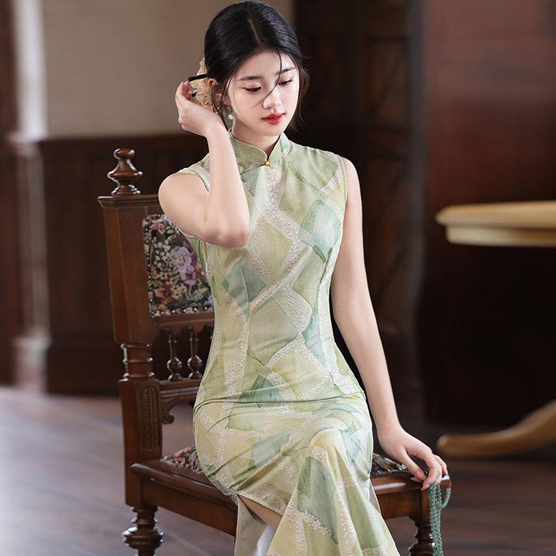 Plaid green sleeveless new Chinese long cheongsam improved young 1011 new women's high-end dress summer