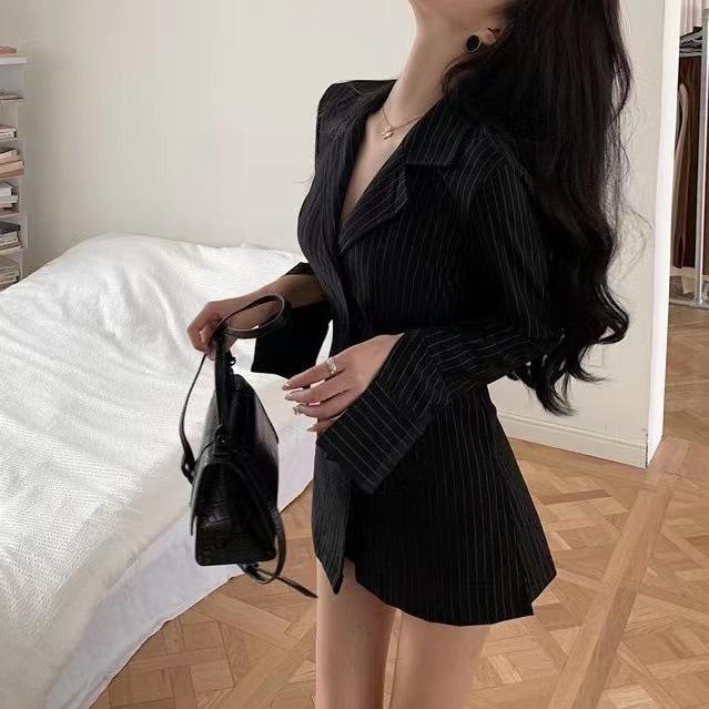 Erotic lingerie boyfriend shirt long sleeve striped slim and versatile mid-length slimming autumn waist top