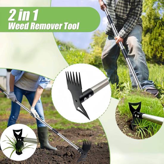 2-in-1 Weed Puller with Long Handle Adjustable Manual Weeder Hand Weed Rake And Heavy Duty Garden Hoe with Gloves