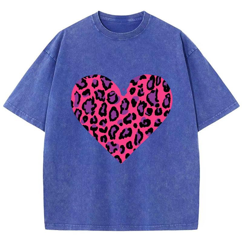 Pink Leopard Heart Prints Washed TShirt Women Cotton T Shirts ONeck Comfortable Distressed Tops Summer Casual Woman Clothes