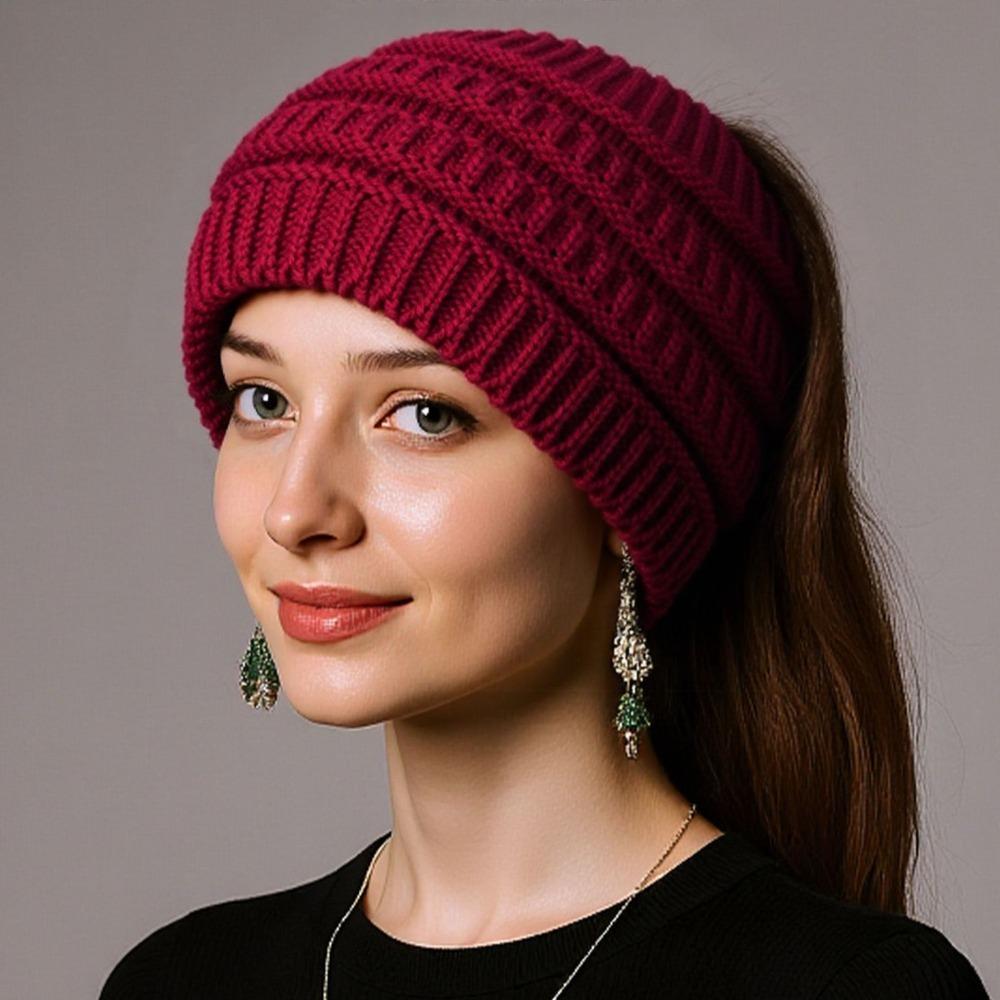 Solid Color Ponytail Beanie Hat Headwear Women's Hat Warm Knitted Hat  Winter