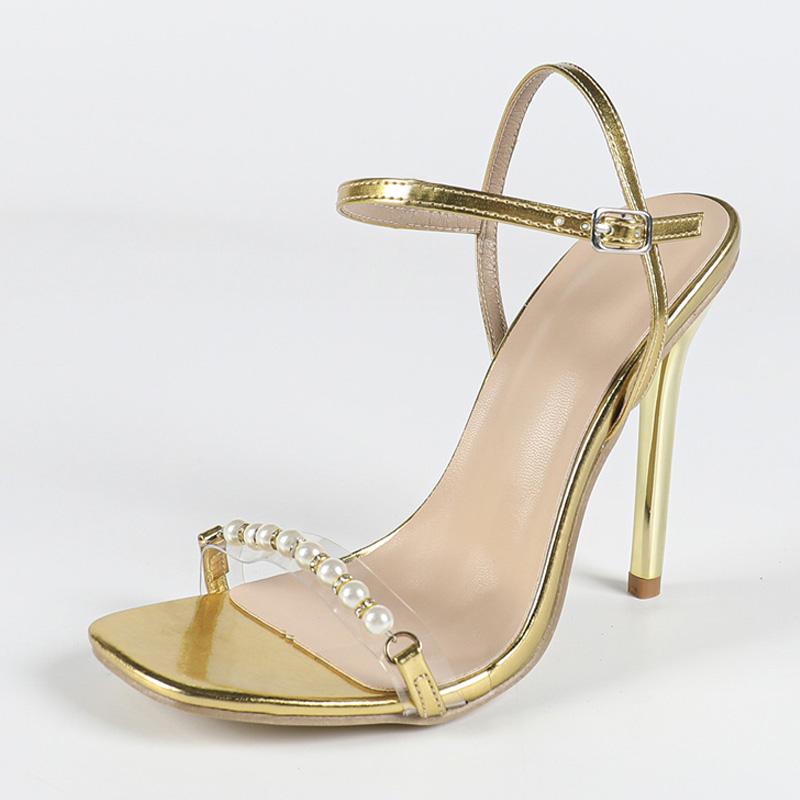 

Летняя мода цепочка из бусин женские сандалии на высоком каблуке для вечеринки, выпускного вечера, элегантные с квадратным носком и ремешком с пряжкой, сандалии женские 42 золотистый