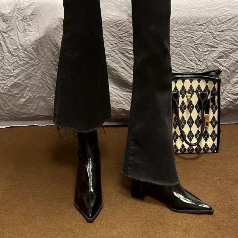 Fall Winter Square Head Patent Leather High Heels Thi Heel Slim Ort Boot Women Faion Boots Waterproof Platform Ortie