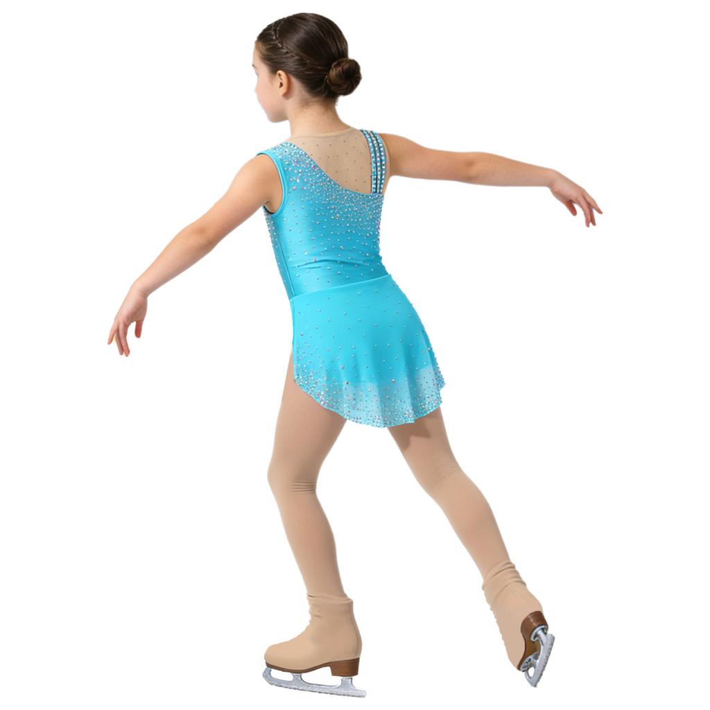 Girls Rhythmic Gymnastics Costume Sparkling Rhinestone Mesh Patchwork Sleeveless Dress with Built-in Briefs for Stage Competition