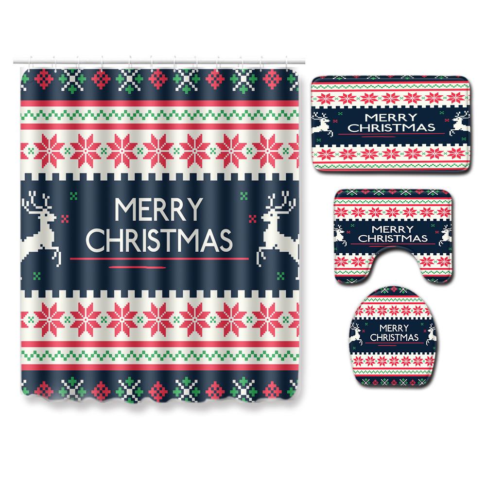 Christmas Shower Curtain Floor Mat Combination Four-Piece Set Bathroom Toilet Carpet Shower Room Mat Foot Mat