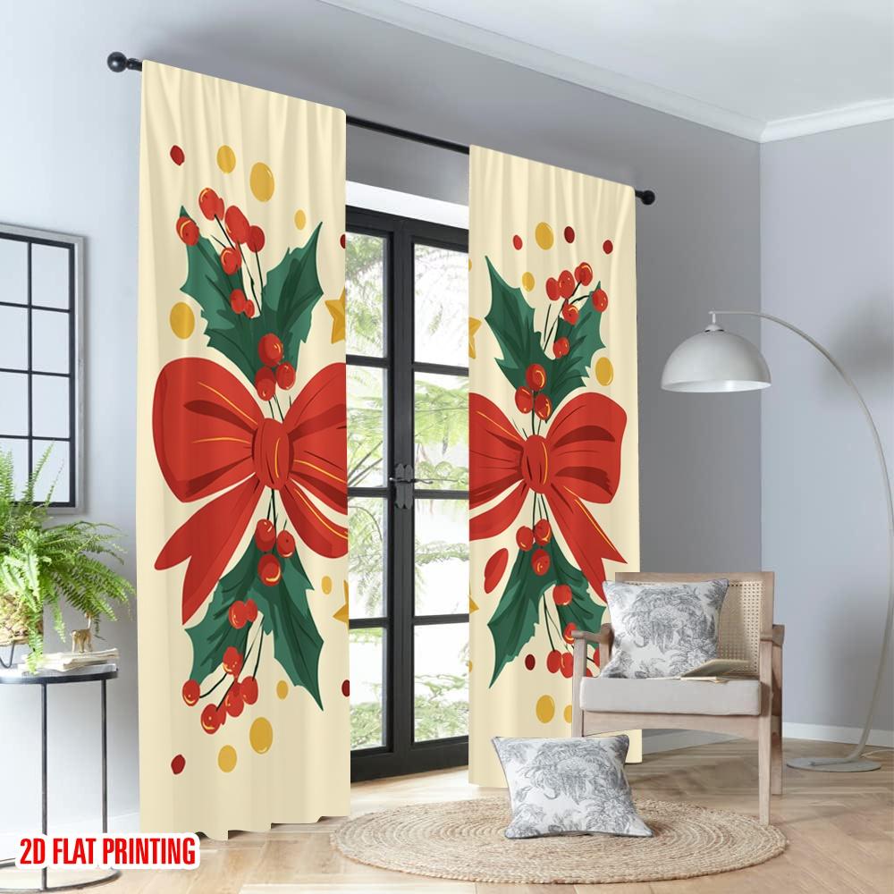 2 Stück 2D-Flachdruck Frohe Weihnachten Szene Vorhänge Weihnachtskaninchen Beeren Schleife Digital Bedruckte Polyester Vorhänge Familienfeier