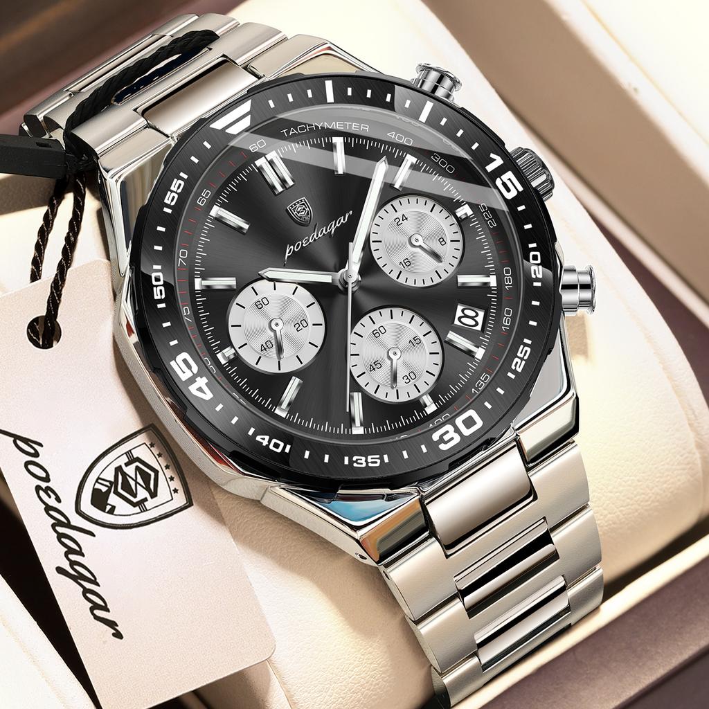 POEDAGAR Top Luxury Man Wristwatch Date Waterproof Luminous Chronograph Watch for Men Stainless Steel Quartz Watches Reloj