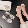 Rhinestone high-end temperament open-toed sandals summer new versatile thick heel square head high heels women