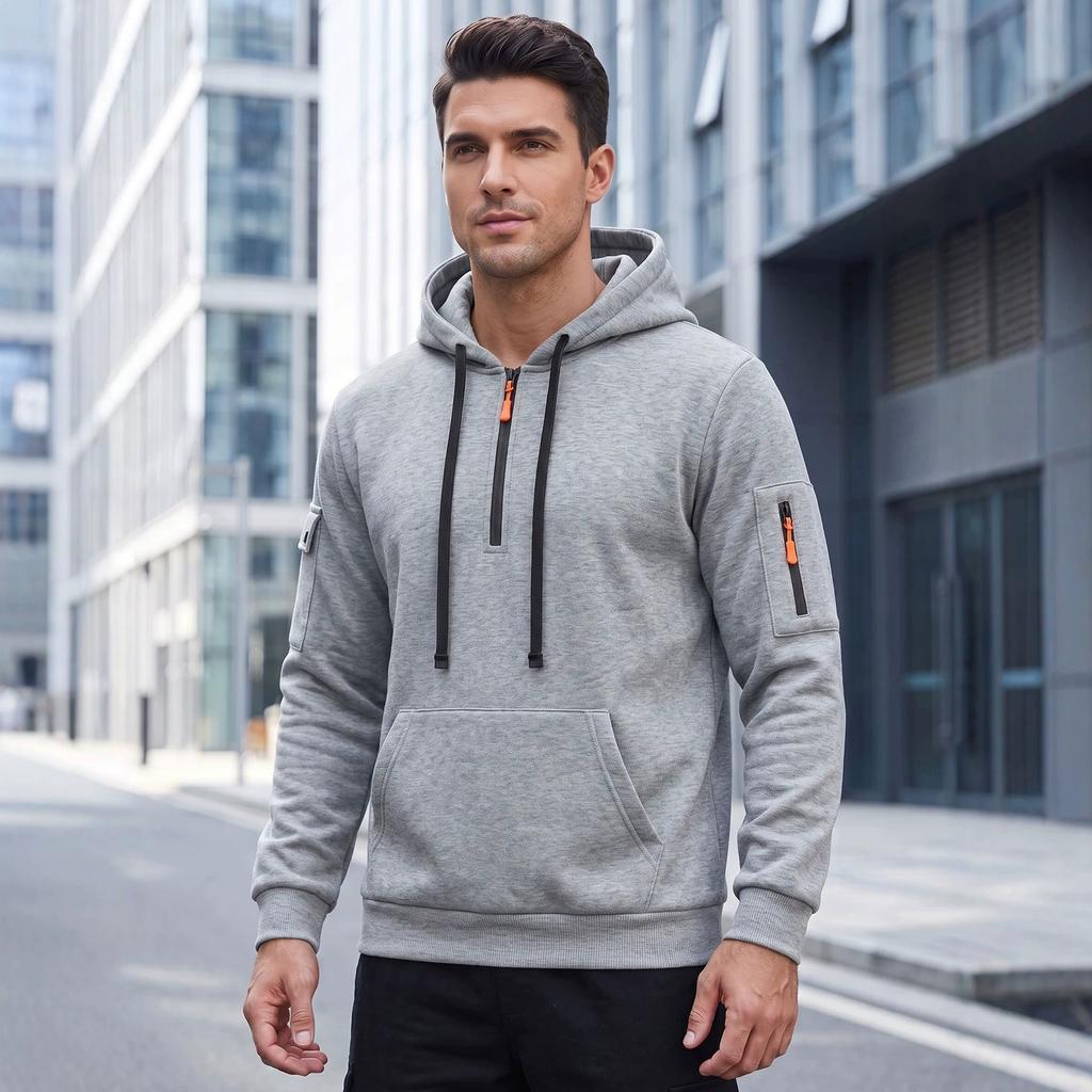Men's Autumn Winter Solid Color Hoodie Drawstring Long Sleeve Thickened Casual Sports Sweatshirt with Side Zipper