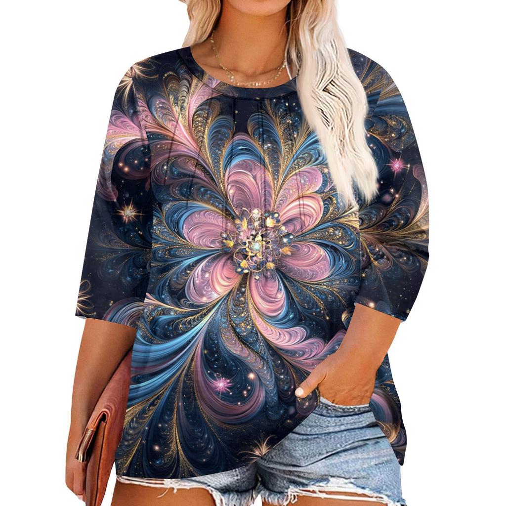 Women's Printed Round Neck Plus Size Tops 3/4 Sleeves Elegant Shirt Tops